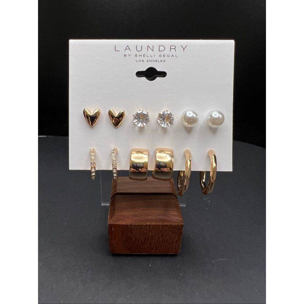 New! Laundry by Shelli Segal 6 Pairs Gold Tone Earring Set w Studs and Hoops